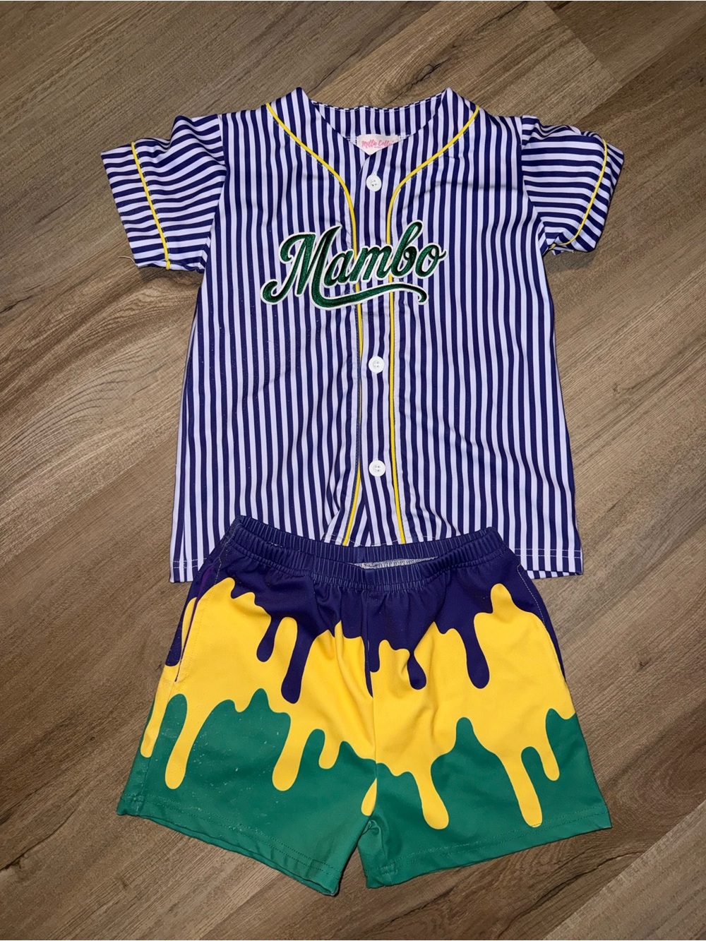 Kids Mardi Gras “Mambo” Purple Stripe Baseball Top & Yellow-Green Splash Shorts